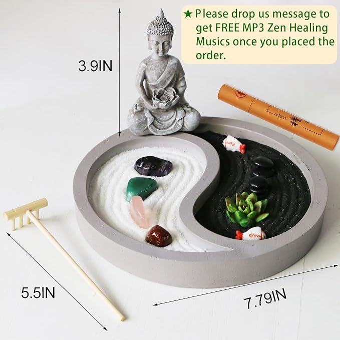 BangBangDa Mini Zen Garden Kit for-Desk - Yin Yang Crystal Sand Rock Garden with Zen Rake Buddha Statue Healing Stones White Sand, Japanese Meditation Gift Set for Home Office Desktop Fidget Toys