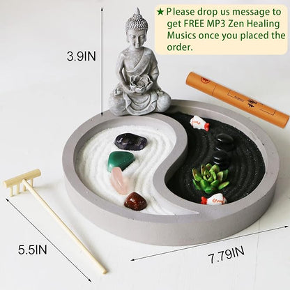 BangBangDa Mini Zen Garden Kit for-Desk - Yin Yang Crystal Sand Rock Garden with Zen Rake Buddha Statue Healing Stones White Sand, Japanese Meditation Gift Set for Home Office Desktop Fidget Toys