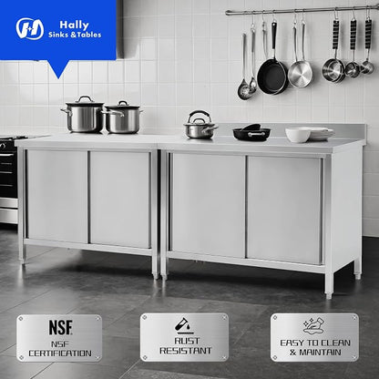 Hally Stainless Steel Cabinet, 24" x 48" NSF Commercial Heavy Duty Prep Workbench with Backsplash and Two Sliding Doors, Large Storage Cabinet, Metal Table for Kitchen, Restaurant, Garage