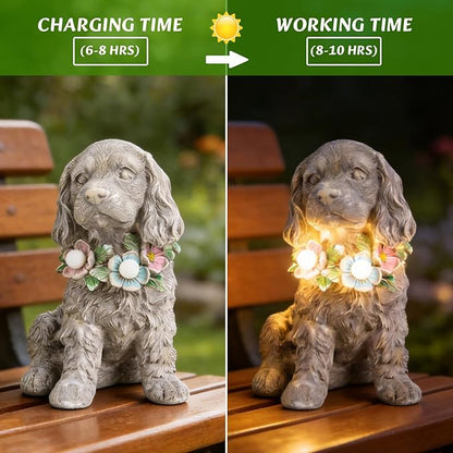 Garden Statue Dog Memorial Gifts - Yard Art Decoration with Flower Solar LED Lights Waterproof Resin Garden Figurine Decor for Outdoor Patio Yard Lawn Ornament