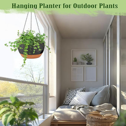 12 Inch Self Watering Hanging Planters with Removable Reservoir, 2 Pack | Drainage Holes, Metal Chain, for Indoor/Outdoor Plants, Patio,Balcony & Garden