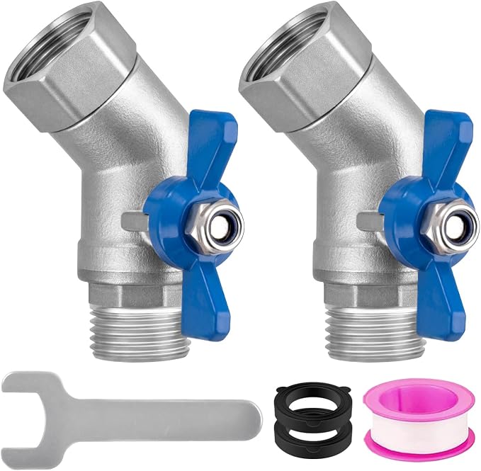 Heavy Duty 304 Stainless Steel 45 Degree Hose Elbow Connector, 3/4" GHT 45 Degree Garden Hose Elbow with Shut-Off Valve for Backyard, Garden Hoses, Outdoor Faucets, RVs(2 Packs)