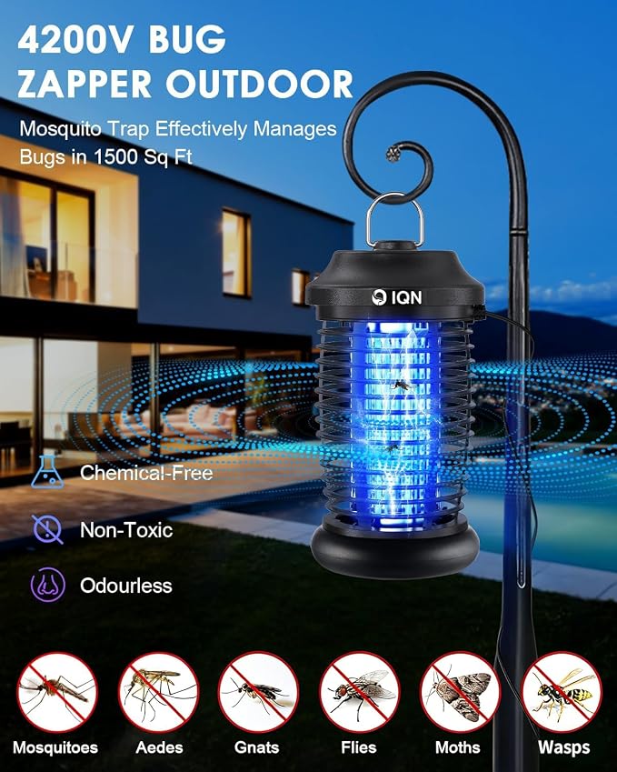 Bug Zapper Outdoor, Plug in Electric Mosquito Fly Zapper w/ 15W Light & 4200V Grid & on/Off Switch, Mosquito Traps & Killer for Indoor, Kitchen, Patio, Backyard and More (Black)