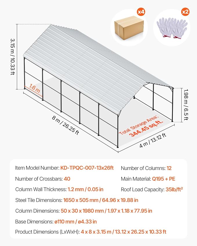 VEVOR Heavy Duty Metal Carport, 13' x 26' Outdoor Carport with Galvanized Steel Frame & Roof, Car Tent Garage Shade with Removable Sidewalls, Multi-Use Car Shelter for Pickup, Boat, Car & Tractors