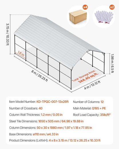 VEVOR Heavy Duty Metal Carport, 13' x 26' Outdoor Carport with Galvanized Steel Frame & Roof, Car Tent Garage Shade with Removable Sidewalls, Multi-Use Car Shelter for Pickup, Boat, Car & Tractors