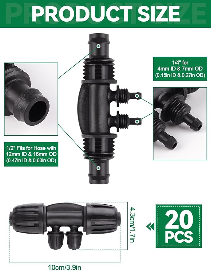 Kalolary 20PCS Locked Barbed Tee Connectors, 1/2" to 1/4" Drip Irrigation Fittings Kit 12/16mm to 4/7mm Tube Lock Female Connector 4-Way Barbed Lock Irrigation Parts for Watering System (Black)