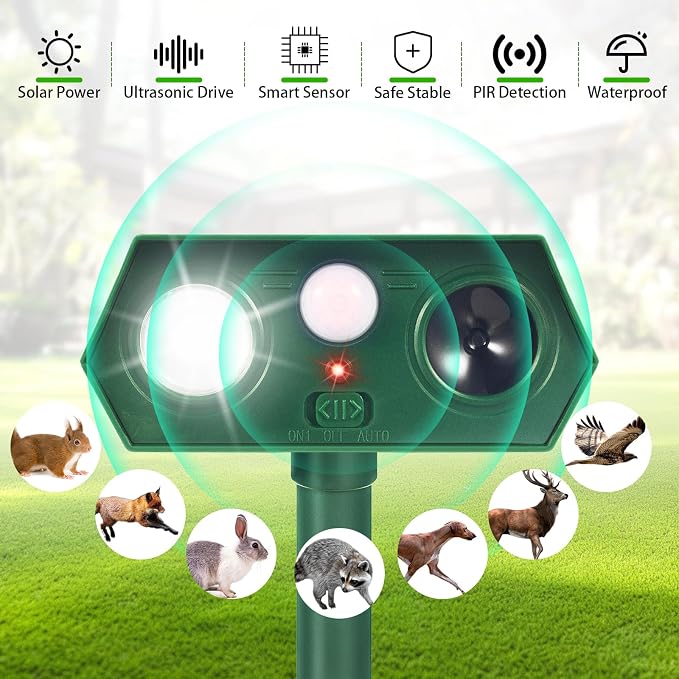 2026 Upgraded Solar Ultrasonic Animal Repellent Deer Repellent Devices with Motion Sensor & Flashing Light Cat Repellent Outdoor to Keep Squirrel Raccoon Rabbit Away from Yard Garden 2 Pack