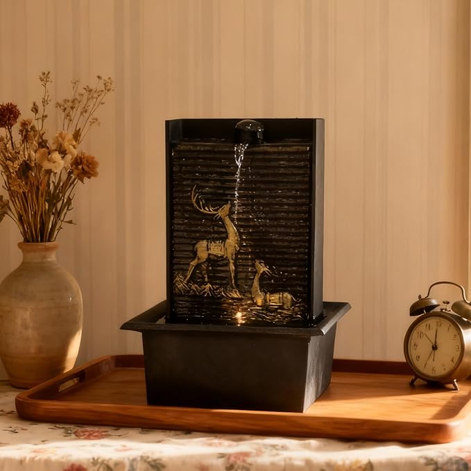 Water Wall Waterfall Fountain, Gold Deer Relief Wall Fountain for Home Office, Indoor Zen Vertical Waterfall with Warm Light for Zen Relaxation & Decor