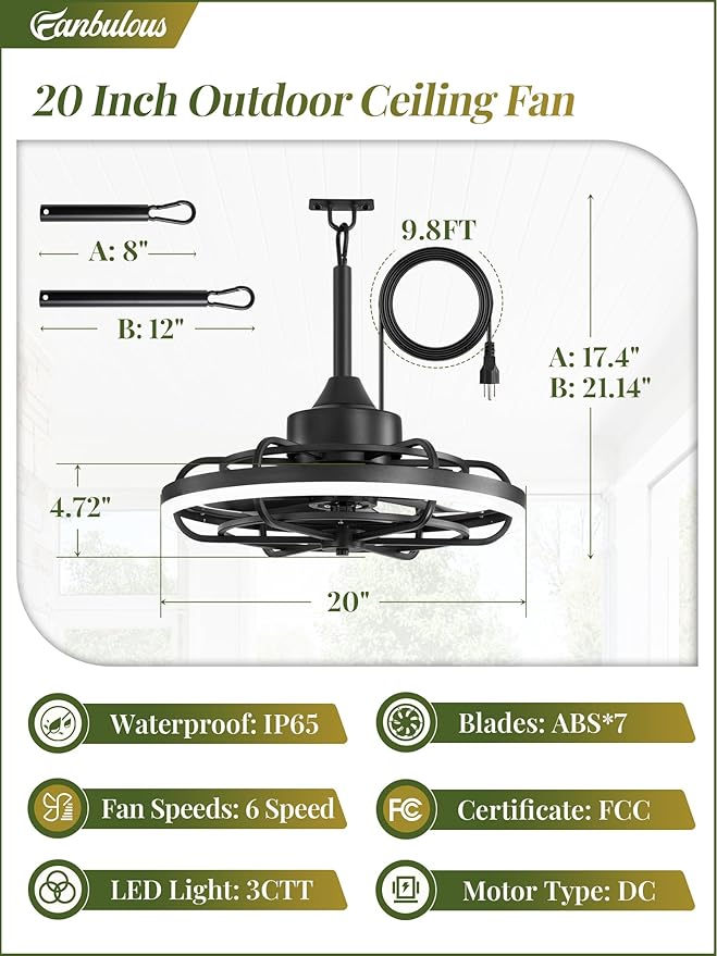 Fanbulous Outdoor Ceiling Fans with Light for Patios, 20" Weatherproof Plug in Ceiling Fan, Gazebo Fan Remote&APP Control, 3CCT Dimmable,Caged Ceiling Fan with Hanging Hook for Porch, Pergola,Canopy