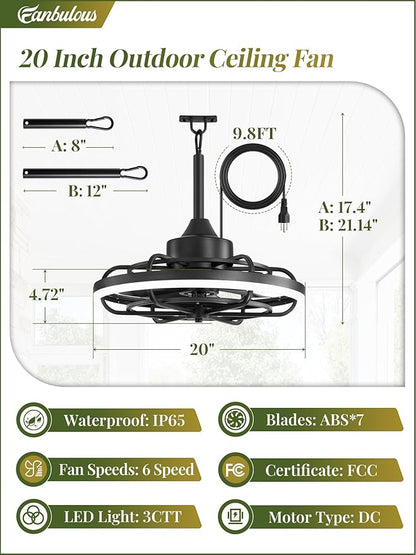 Fanbulous Outdoor Ceiling Fans with Light for Patios, 20" Weatherproof Plug in Ceiling Fan, Gazebo Fan Remote&APP Control, 3CCT Dimmable,Caged Ceiling Fan with Hanging Hook for Porch, Pergola,Canopy