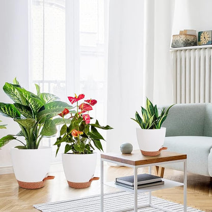Vanslogreen Flower Pots, 8/7/6.5/6/5.5/5 Inch Self Watering Planters for Indoor Outdoor Plants with Drainage Hole, Plastic Planters for House Plants(White)