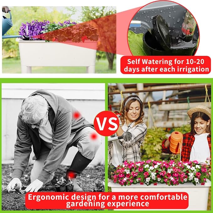 4 Pcs Self Watering Elevated Raised Garden Bed, Large Outdoor Plastic Planter Box Big Flower Plant Pot for Planting Flowers Vegetables and Herbs (4, White)