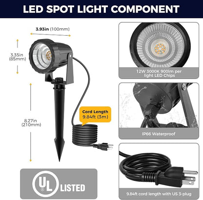 L LOHAS LED 12W Dusk to Dawn Outdoor Lighting, Plug in Spotlight 2 Pack | Auto On/Off 3000K IP66 Waterproof Landscape Plug in Spot Lights Outdoor for Yard, Garden, House, Pathway, Plant