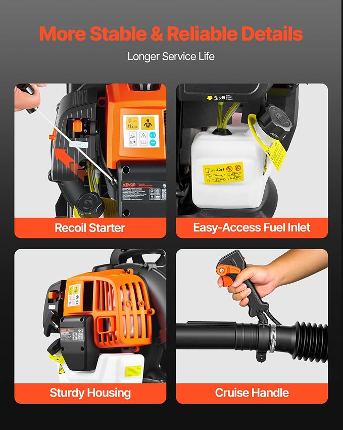 VEVOR Backpack Leaf Blower, 43CC 2-Stroke Engine Gas Powered Leaf Blower with 1.38L Fuel Tank, 447 CFM Air Volume, 150 MPH Air Speed, Ideal for Lawn Care, Leaves Cleaning, Yard Debris & Snow Removal