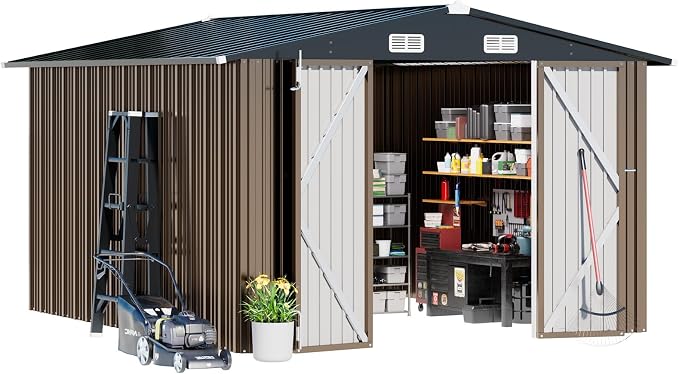COMHOMA Shed Outdoor Storage Shed Metal,Lockable Doors Tool Sheds with Sloping Roof,Steel Garden Shed with Air Vent for Backyard,Patio,Lawn,Poolside (Brown, 10'x12') | Sloping Roof and Air Vent Perfect for Backyard Patio Lawn and Poolside