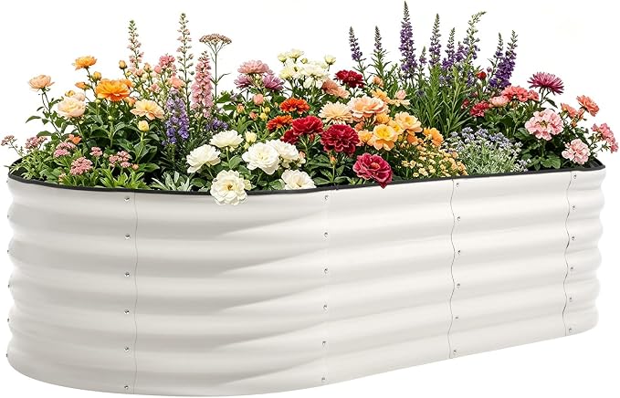 6x3x1.5ft Galvanized Raised Garden Bed Outdoor, 18'' Oval Large Metal Planter Garden Boxes for Gardening, Planting Deep Root Vegetables, Herbs, Fruits, Flower, Rustproof, Rubber Strip, White