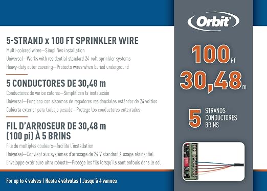 Orbit 57093 Underground Sprinkler Wire, 5-Strand Solid, 100 Ft, UF/UL Listed, Multi-Color, 18-Gauge