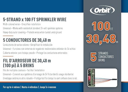 Orbit 57093 Underground Sprinkler Wire, 5-Strand Solid, 100 Ft, UF/UL Listed, Multi-Color, 18-Gauge