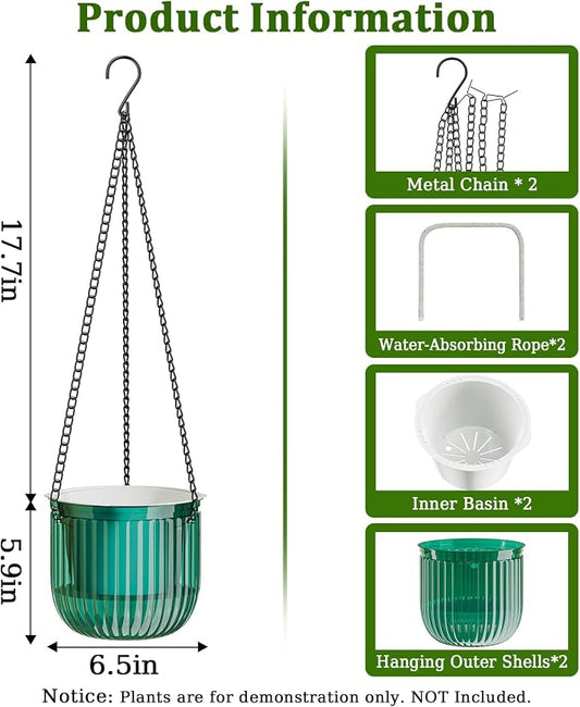 Halatool 2 Pack 6.5 Inch Self-Watering Hanging Planters for Plants, Indoor Hanging Flower Pots for Garden Home Wall Decor, Green
