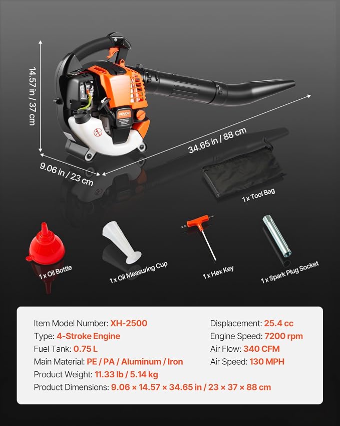 VEVOR Gas Leaf Blower, 25.4CC 4-Stroke Gas Powered Handheld Leaf Blower with 0.75L Fuel Tank, 340 CFM Air Volume, 130 MPH Air Speed, Ideal for Lawn Care, Leaves Cleaning, Yard Debris & Snow Removal | 0.75L Fuel Tank, 340 CFM Air Volume, 130 MPH Air Spe...