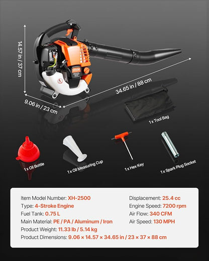 VEVOR Gas Leaf Blower, 25.4CC 4-Stroke Gas Powered Handheld Leaf Blower with 0.75L Fuel Tank, 340 CFM Air Volume, 130 MPH Air Speed, Ideal for Lawn Care, Leaves Cleaning, Yard Debris & Snow Removal | 0.75L Fuel Tank, 340 CFM Air Volume, 130 MPH Air Spe...