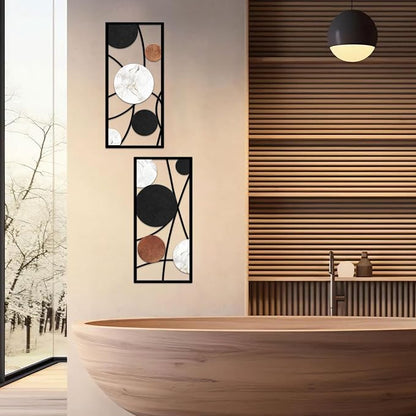 ruelen 2 Pieces Metal Wall Art，Abstract Geometric Circle Decor with Marble Texture, Modern Minimalist Black White Brown Wall Sculpture for Living Room，Bedroom，Office