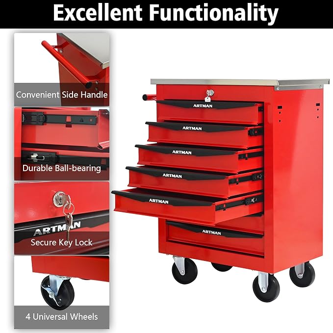 KEIKI 7 Drawers Tool Cart on Wheels,Multifunctional Rolling Tool Chest Tool Storage,Drawers Rolling Tool Trolley Organizer Tool Case for Garage, Warehouse, Workshop, Repair Shop (Red)