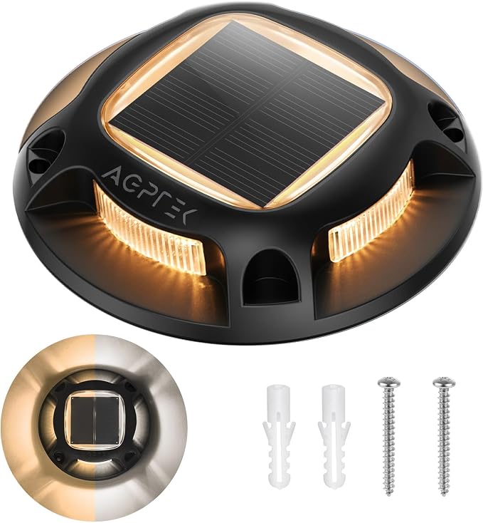 AGPTEK Solar Driveway Lights Outdoor 1 Pack, 2 Color Modes LED Deck Dock Marine Waterproof Driveway Marker Lights for Step Sidewalk Stair Garden Pathway Walkway Yard (Warm White/Cool White, Black)