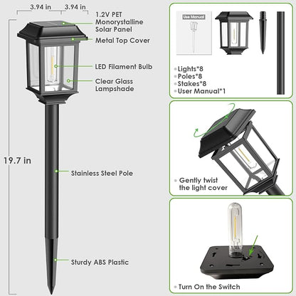 Mancra Solar Outdoor Lights Waterproof, 8 Pack Metal Glass Solar Pathway Lights Outdoor Lighting Garden Decor for Landscape Path Yard Patio Driveway (Cool White)