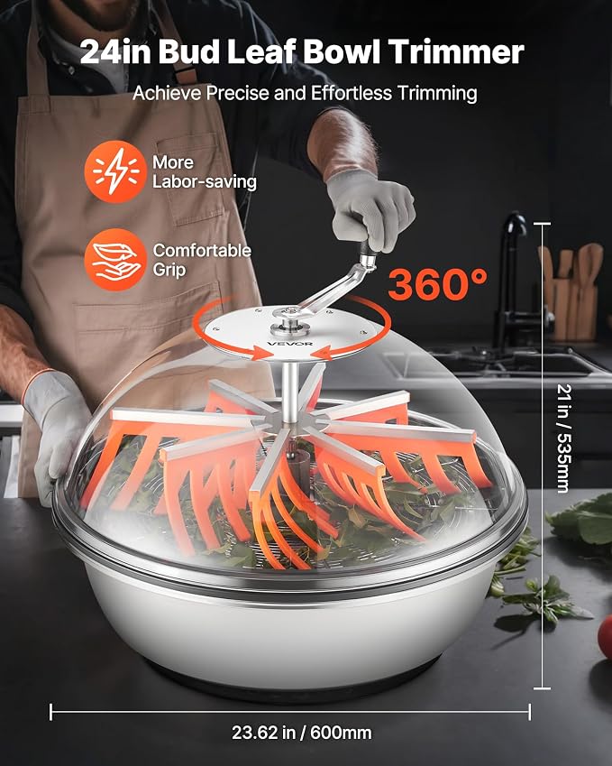 VEVOR Bud Leaf Bowl Trimmer 24", Spin Cutting Machine with Clear Visibility Dome, Sharp Stainless Steel Blades, Wet & Dry Trimming for Buds, Leaves, Hydroponics, Solid Metal Gear Box, and Hand Pruner