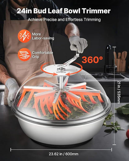 VEVOR Bud Leaf Bowl Trimmer 24", Spin Cutting Machine with Clear Visibility Dome, Sharp Stainless Steel Blades, Wet & Dry Trimming for Buds, Leaves, Hydroponics, Solid Metal Gear Box, and Hand Pruner