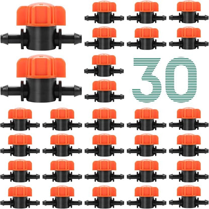 RedChili 30 Pack 1/4" Drip Irrigation Shut Off Valves, in-Line Barbed Ball Valve for 1/4 Inch Drip Irrigation Tubing Anti-Drop Drip Line Water Flow Control Valve Parts for Garden Irrigation System