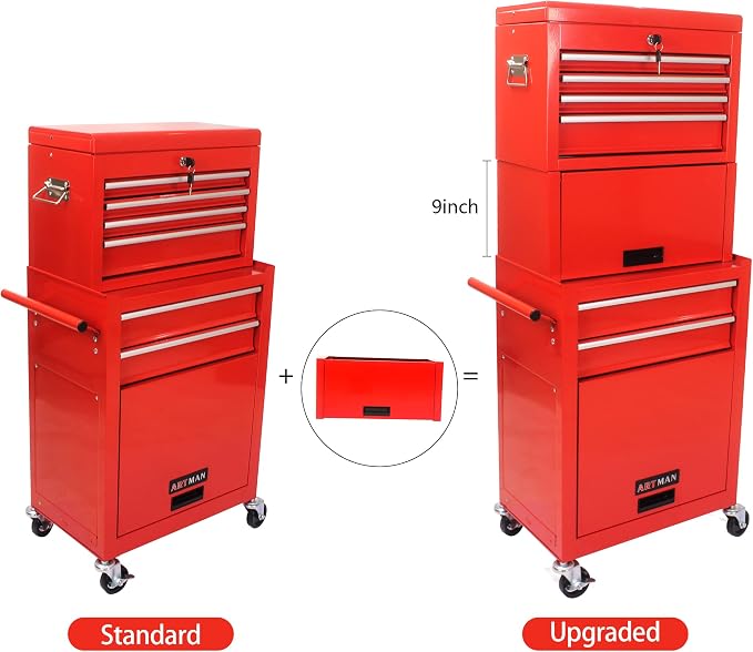 6-Drawer Tool Chest, Detachable Top Box for Garage, RED | Rolling Mobile Storage Cabinet Organizer with Lockable Wheels for Workshop Utility, Heavy Duty Metal Construction
