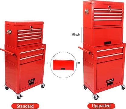 6-Drawer Tool Chest, Detachable Top Box for Garage, RED | Rolling Mobile Storage Cabinet Organizer with Lockable Wheels for Workshop Utility, Heavy Duty Metal Construction