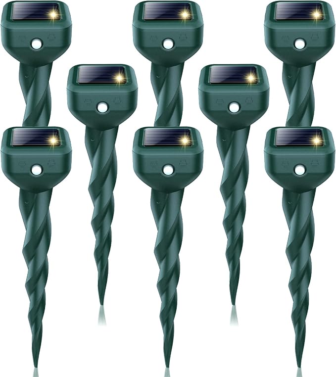 Mole Repellent Solar Powered, 8 Pack Snake & Skunk Repellent for Yard, IP 65 Waterproof Ultrasonic Deterrent Stakes, Get Rid of Rabbit, Gopher, Vole, Chipmunk, Deer, Groundhog for Lawns Garden