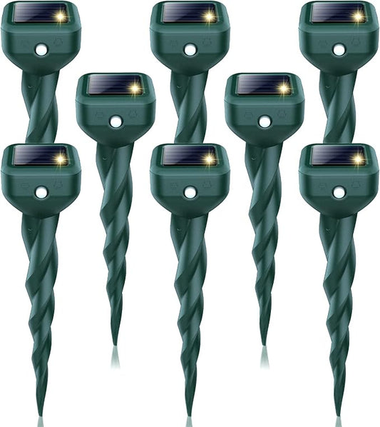 Mole Repellent Solar Powered, 8 Pack Snake & Skunk Repellent for Yard, IP 65 Waterproof Ultrasonic Deterrent Stakes, Get Rid of Rabbit, Gopher, Vole, Chipmunk, Deer, Groundhog for Lawns Garden
