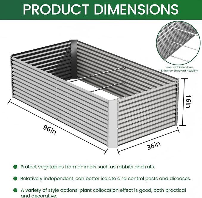 2pcs Tall 8ft Galvanized Raised Garden Bed Outdoor,Above Ground Garden Bed for Vegetable,Metal Raised Beds for Flower,Steel Raised Beds for Gardening - 8x3ft