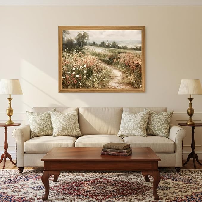 smvexyl Farmhouse Vintage Landscape Wall Art, Framed Canvas Print, Rustic Wildflower Meadow Country Path Painting for Living Room Bedroom Bathroom, 12x16 inch