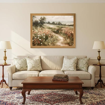 smvexyl Farmhouse Vintage Landscape Wall Art, Framed Canvas Print, Rustic Wildflower Meadow Country Path Painting for Living Room Bedroom Bathroom, 12x16 inch