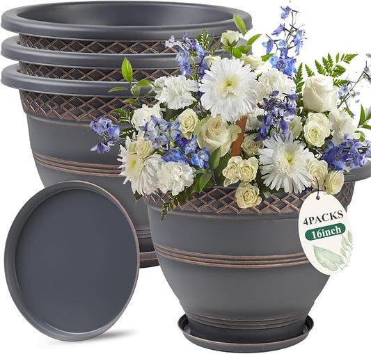 Usocik 16 Inch Plaid Plant Pots 4 Pack with Drainage and Saucers Copper | Copper plaid PP pots with drainage holes and saucers for large plants porch patio garden and entryway