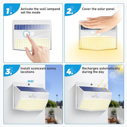 Peasur Solar Outdoor Lights, [2 Packs] Motion Sensor Security Lights with 3 Lighting Modes Wall Lights Waterproof Solar Powered Lights for Garden Yard, White Warm