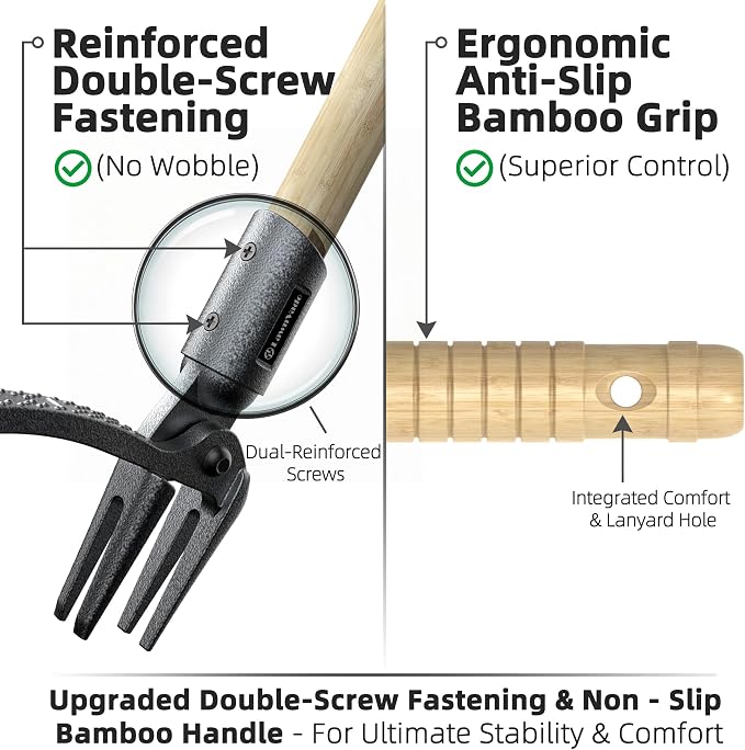Stand Up Weed Puller Tool, Long Handle Weed Remover with Upgraded 4-Claw Steel Head, Manual Root Removal Tool for Lawn & Garden, No-Bend Weed Puller, Natural Bamboo Handle