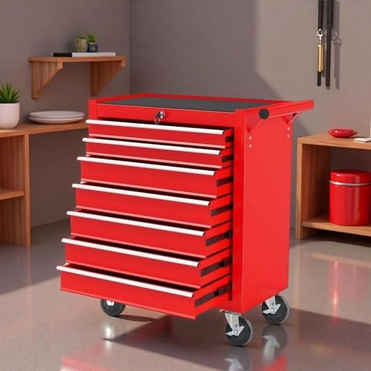 Tool Chest, 7-Drawers Rolling Tool Box with Rotate Handle & Wheels, Lockable Multifunctional Tool Cart, Suitable for Garages, Warehouses, Repair Shops, Capacity 450lbs, Black