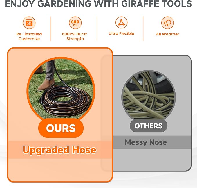 Giraffe Tools Garden Hose 5/8", Custom Length, Heavy Duty, No Kink, Flexible, Rubber Garden Hose, Leakproof Water Hose, 600 Burst PSI, 8ft Female to Female Hose
