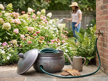 Good Directions Cypress Hose Pot with Lid, Blue Verde, Holds up to 200' of Hose