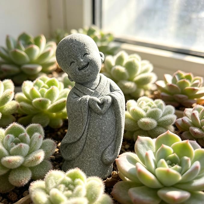 Happy Little Monk Statue, Smiling Buddha Figurine | Zen Garden Spiritual Decor, For Home Office Desk, Yoga Studio, Tea Room, Feng Shui Blessing Ornament