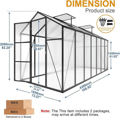 6x14 FT Greenhouse, Walk-in Outdoor Polycarbonate Garden Greenhouses with Aluminum Frame, 4mm PC Panels, Adjustable Roof Vents & Lockable Hinged Door for Backyard Growing, Black