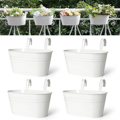 Dahey 10.5 Inch Metal Iron Hanging Flower Pots for Railing Fence Hanging Bucket Pots Countryside Style Outdoor Planter Window Flower Plant Holder with Detachable Hooks Home Decor,White,4 Pcs