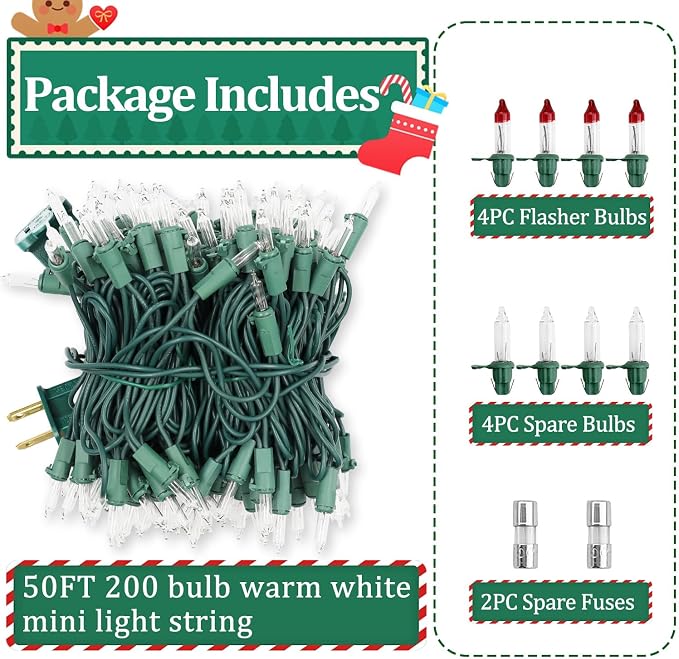 Warm White Christmas Lights Outdoor, 50FT 200 Count Incandescent Mini Christmas Lights Green Wire, Waterproof Fairy Lights, Connectable Xmas String Lights for Christmas Tree, Garland, Wedding Decor
