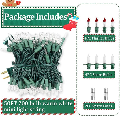 Warm White Christmas Lights Outdoor, 50FT 200 Count Incandescent Mini Christmas Lights Green Wire, Waterproof Fairy Lights, Connectable Xmas String Lights for Christmas Tree, Garland, Wedding Decor